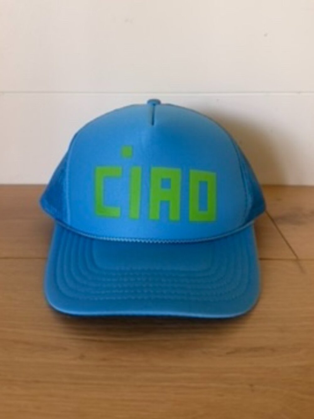 Clare V Ciao Trucker Hat Cornflower Blue Green Logo Snapback OS